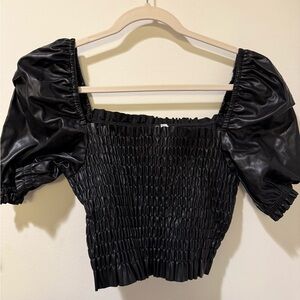 H&M Black Smocked Blouse with Puff Sleeves